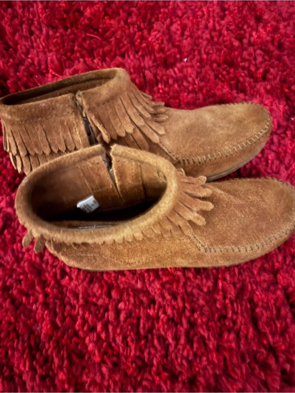 Minnetonka Chestnut Suede Fringe Moccasins